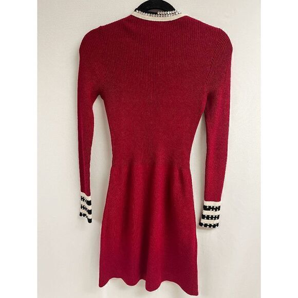 Vintage Womens Long Sleeve Embellished Stones Ribbed Stretch Skater Dress Red - Picture 2 of 10